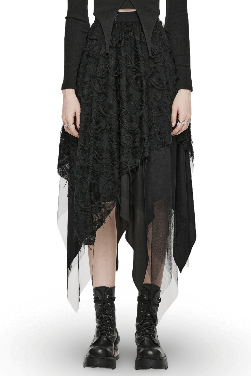 Gothic asymmetrical mesh skirt with ripped details, layered design, and edgy butterfly button accent for punk style.