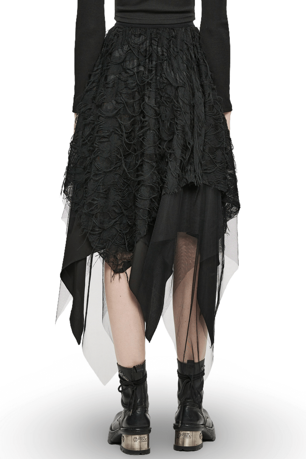 Back view of a Gothic ripped butterfly asymmetrical mesh skirt showcasing layered fabric and edgy design.