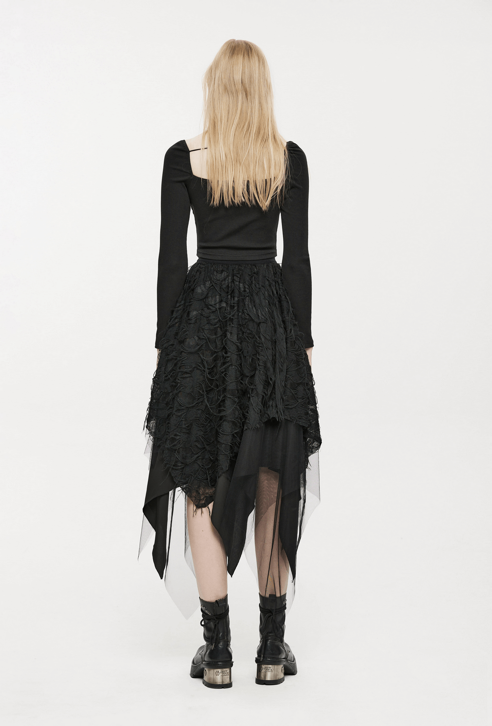 Gothic ripped butterfly asymmetrical mesh skirt with layered black fabric and a dramatic hem, perfect for punk fashion.