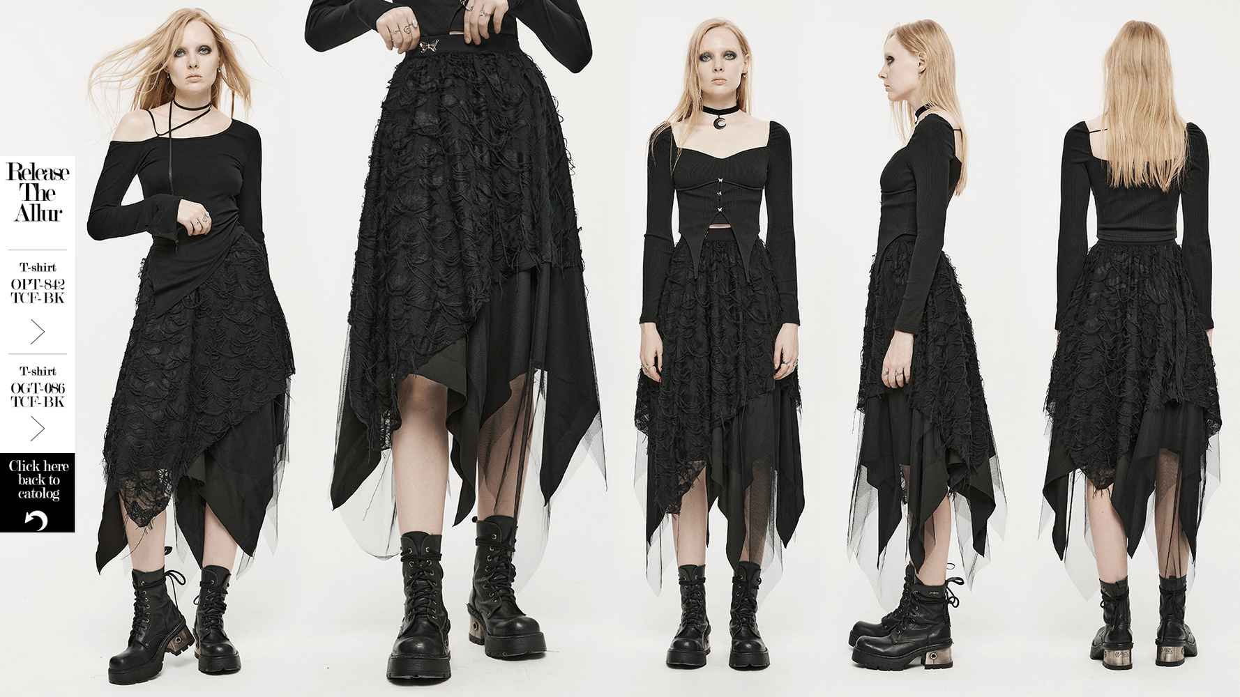 Gothic ripped butterfly asymmetrical mesh skirt with layered construction, styled with edgy punk look and boots.