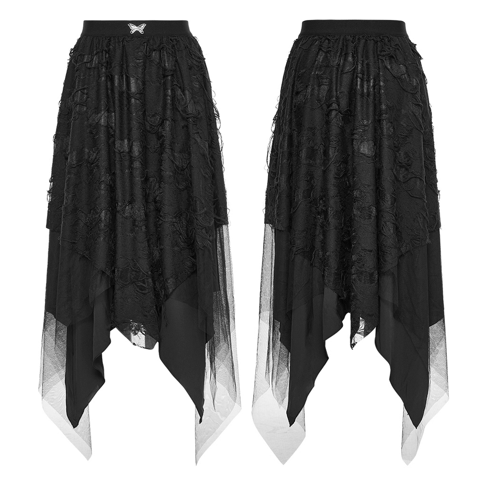 Gothic ripped butterfly asymmetrical mesh skirt with layered construction and torn hem for a punk fairytale look.