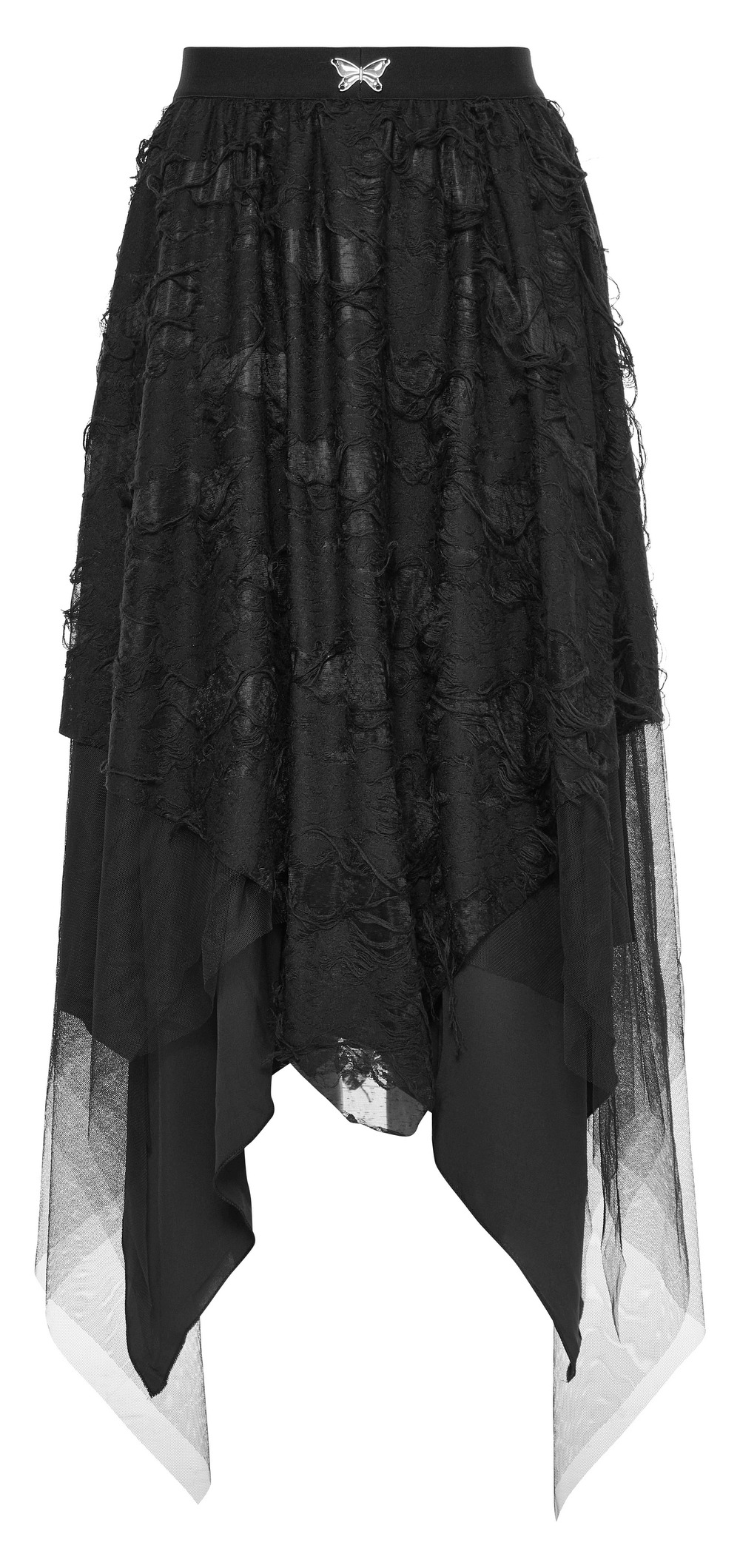 Gothic ripped butterfly asymmetrical mesh skirt with layered black fabric and butterfly button detail.