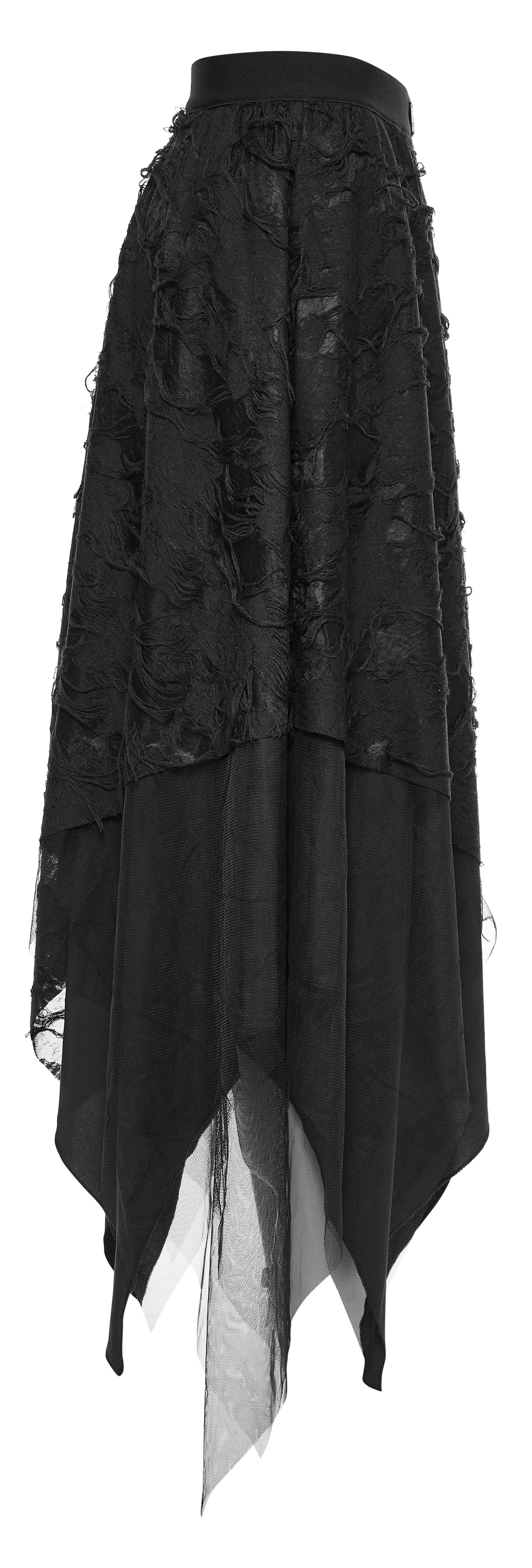 Gothic ripped butterfly asymmetrical mesh skirt with a layered, torn design and a butterfly-shaped metal button.