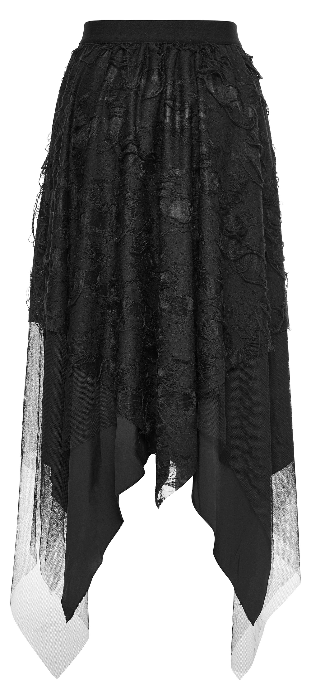 Gothic ripped butterfly asymmetrical mesh skirt with layered fabric and tattered hem, perfect for punk and fairytale styles.