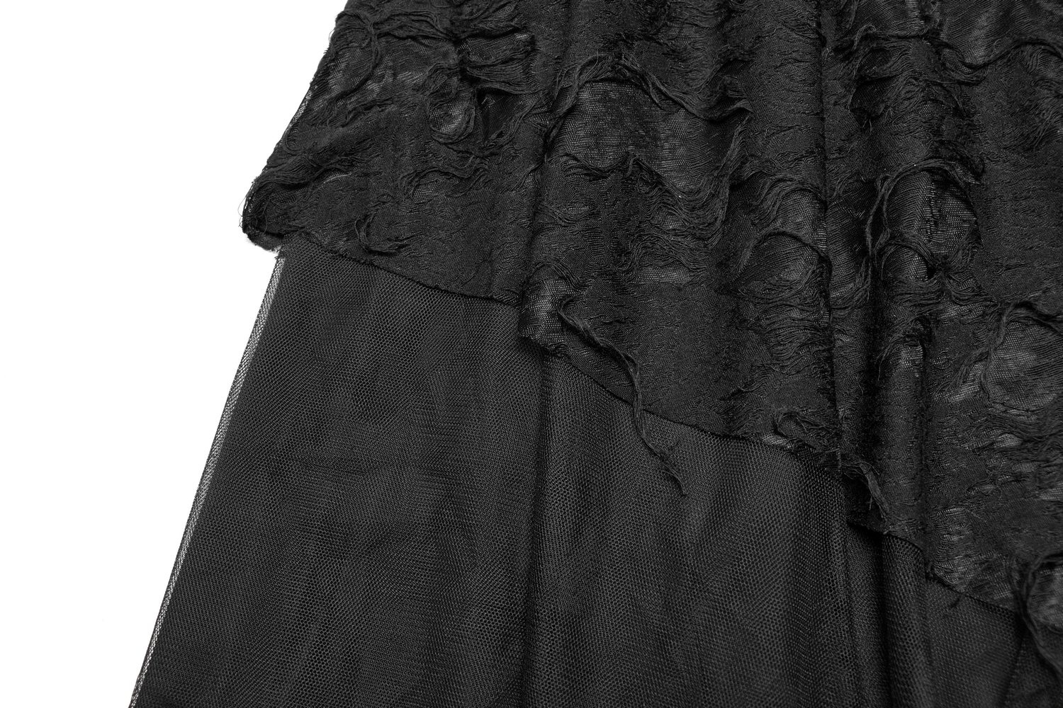 Close-up of gothic asymmetrical mesh skirt in black, featuring a torn hem and layered textured fabric.