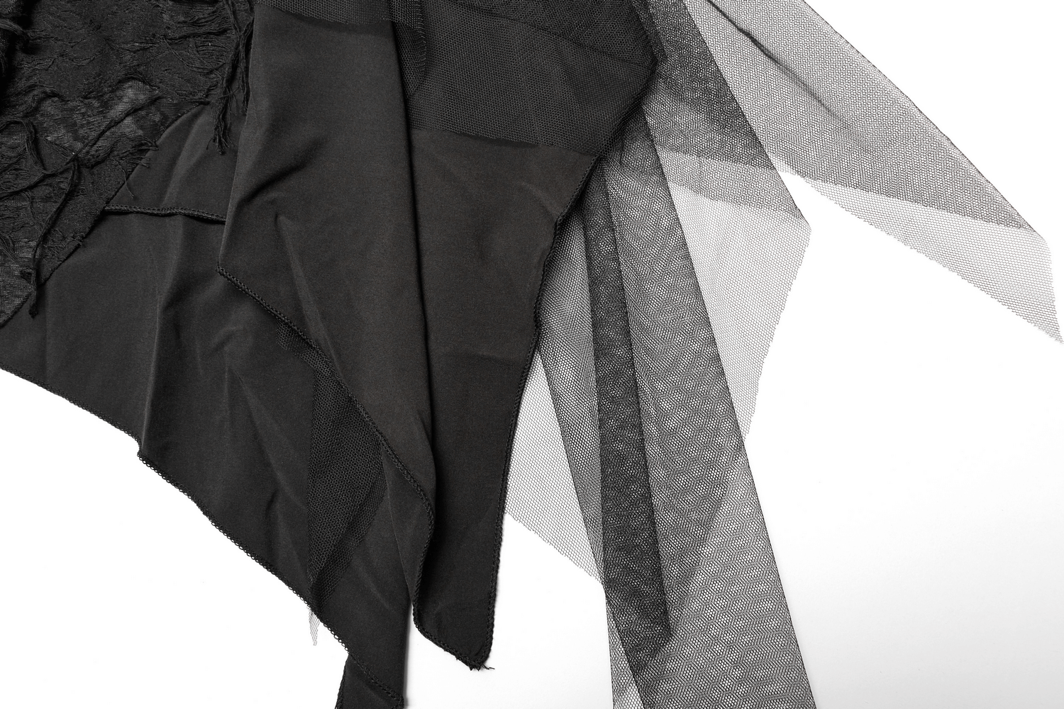 Close-up of layered black fabric textures including mesh, knit, and torn elements for a gothic aesthetic.