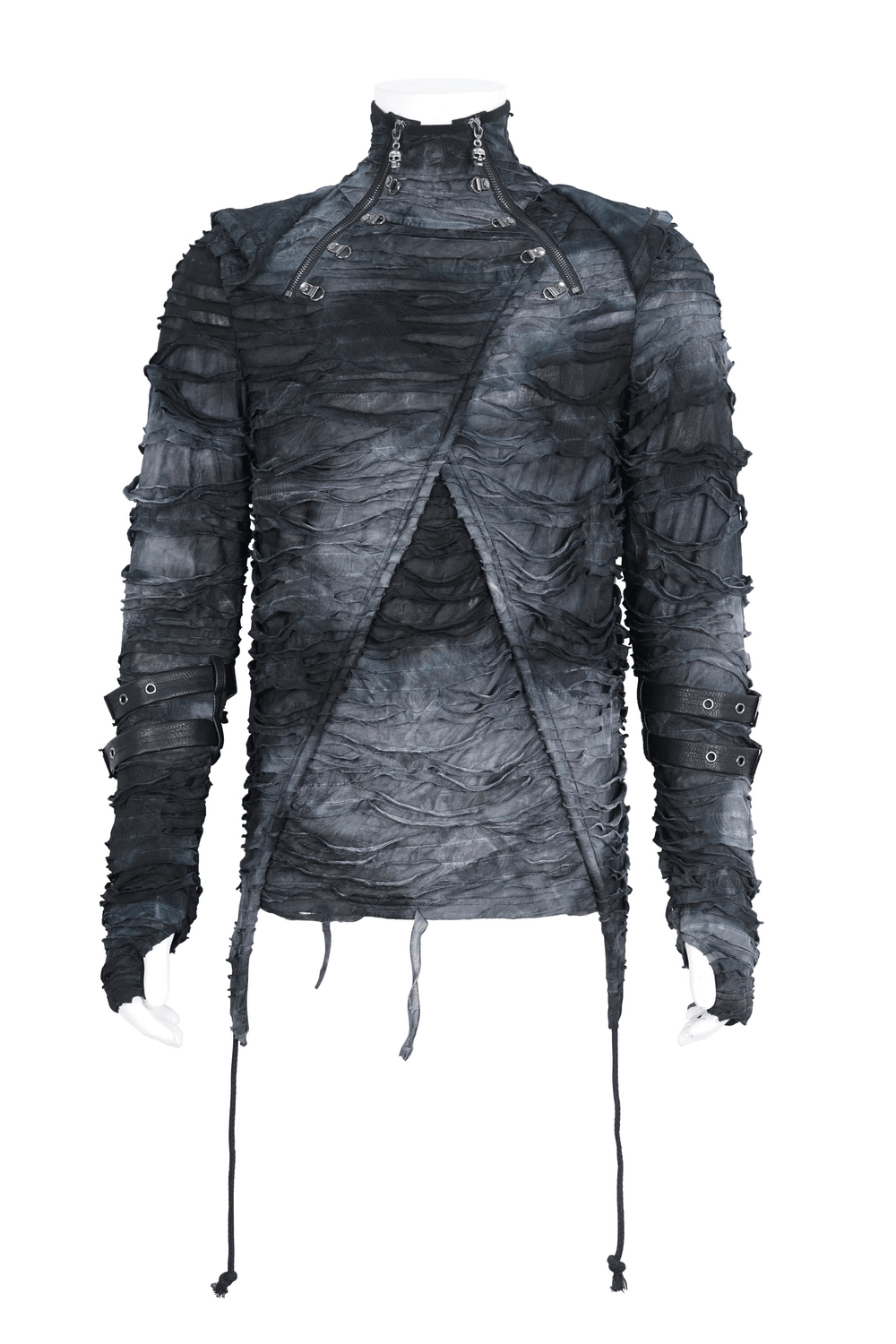 Gothic ripped hoodie with adjustable buckles, layered design and an attached hood for edgy style.