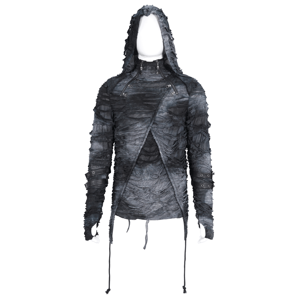 Gothic ripped hoodie with adjustable buckles and attached hood for a layered, edgy style.