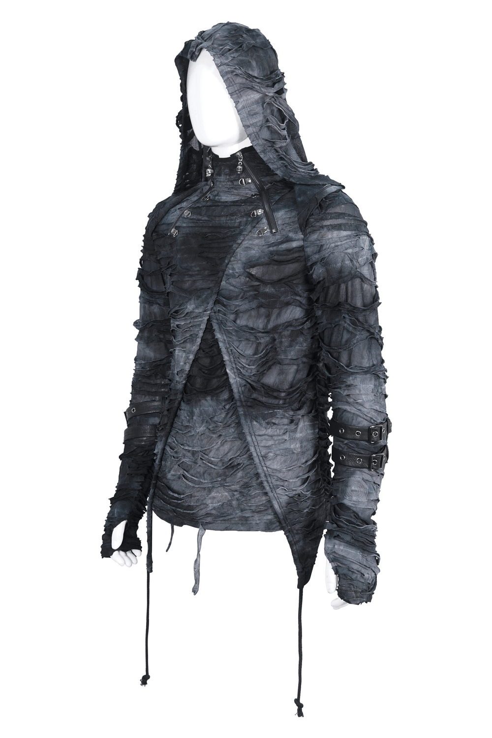 Edgy gothic ripped hoodie with adjustable buckles and hood for alternative fashion enthusiasts.