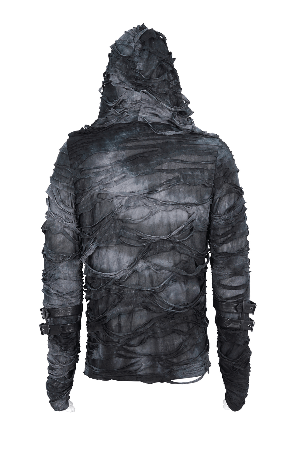 Gothic ripped hoodie with adjustable buckles and hood, showcasing a unique layered design for an edgy style.
