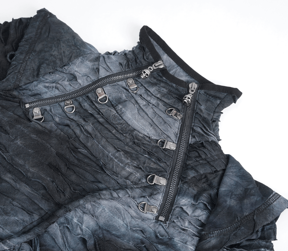 Gothic ripped hoodie with layered design and adjustable buckle straps in dark tones.