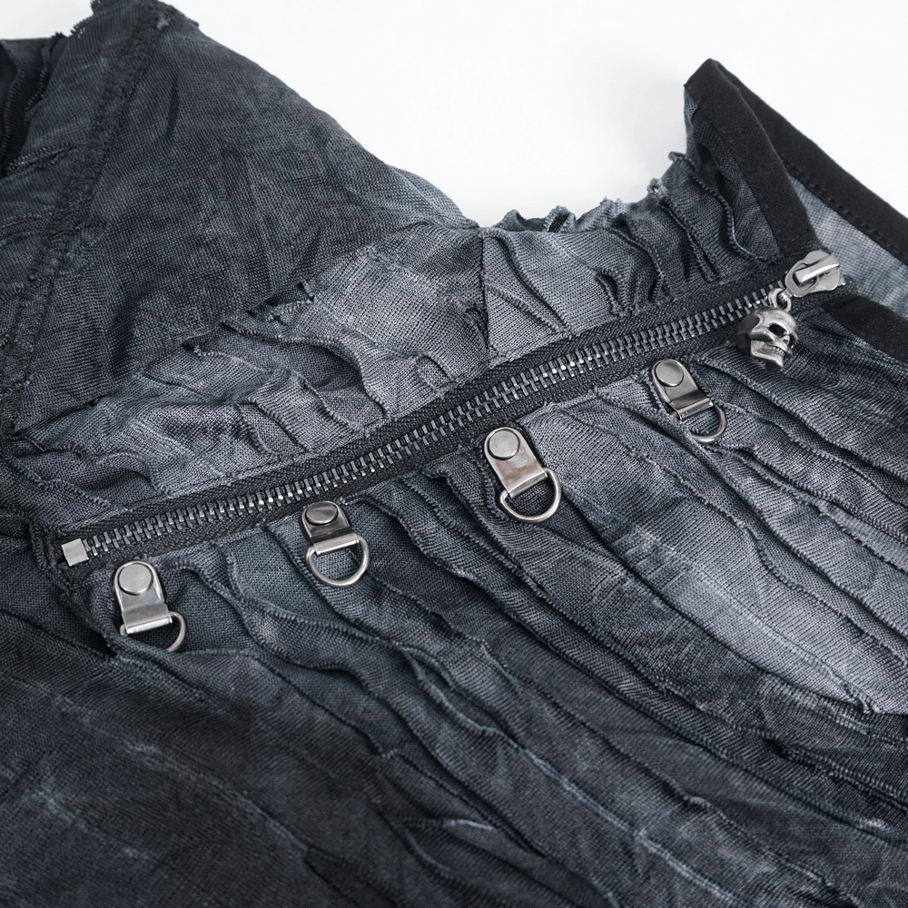 Gothic ripped hoodie close-up showing unique layered design and adjustable buckle details.