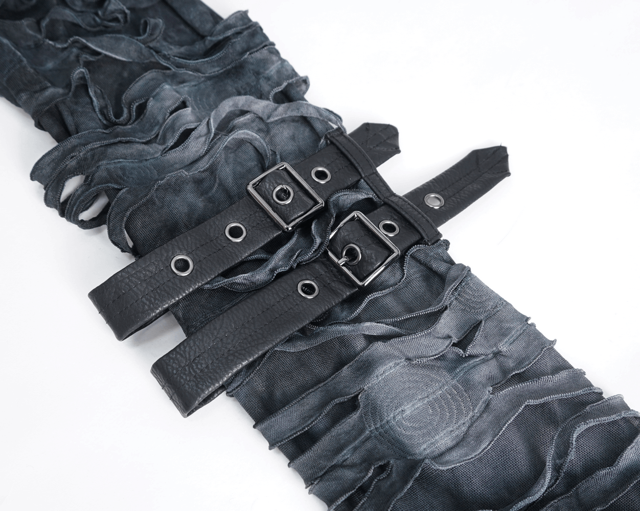 Close-up of gothic ripped hoodie detailing, featuring layered fabric with adjustable black buckle straps.