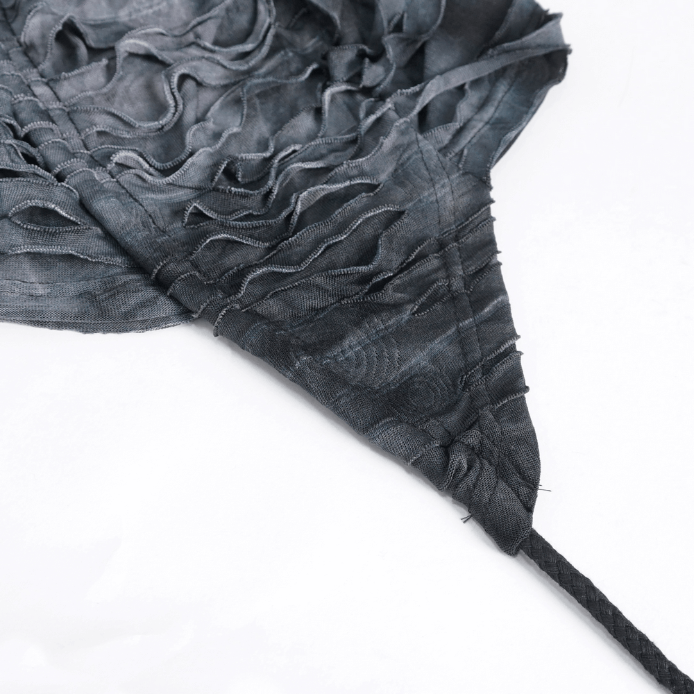 Close-up of gothic hoodie fabric with textured ruffles and adjustable drawstring, ideal for edgy fashion lovers.