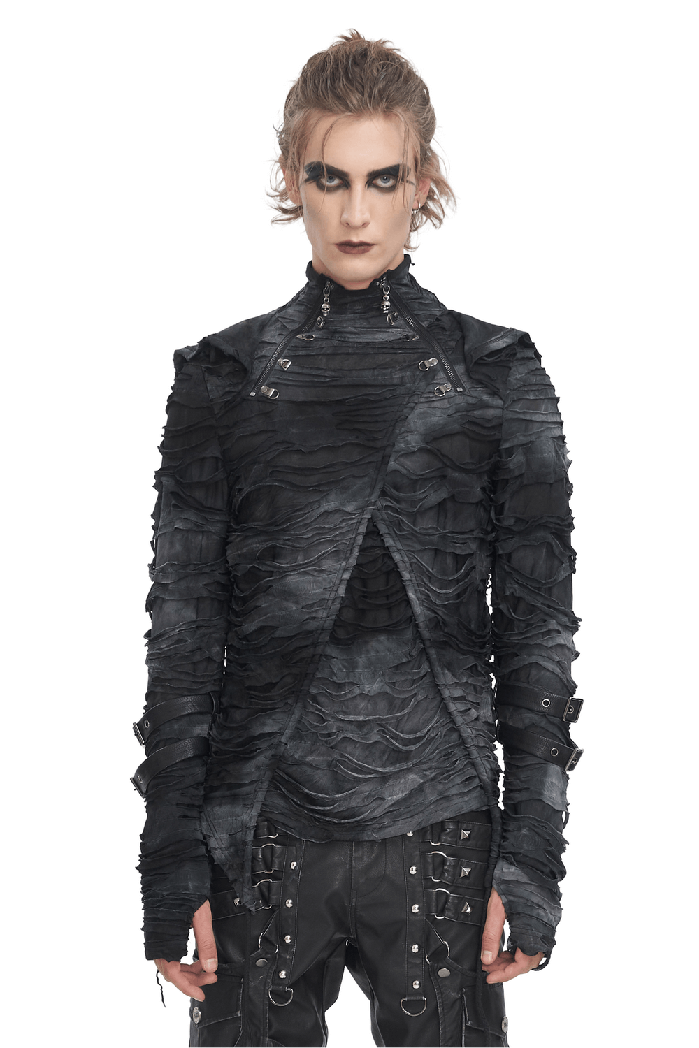 Gothic ripped hoodie with unique layered design and adjustable buckles, perfect for alternative fashion lovers.
