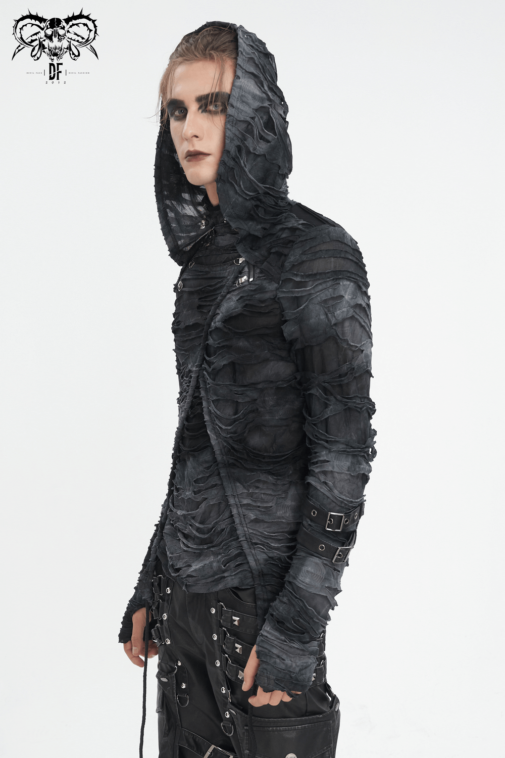 Gothic ripped hoodie with adjustable buckles and hood, perfect for edgy, alternative fashion.