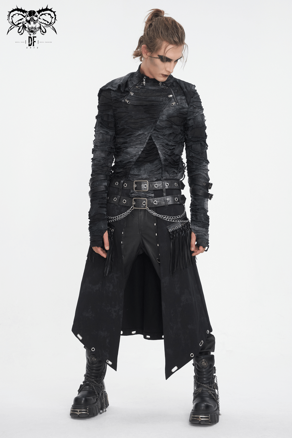 Gothic Ripped Hoodie with Adjustable Buckles and Hood