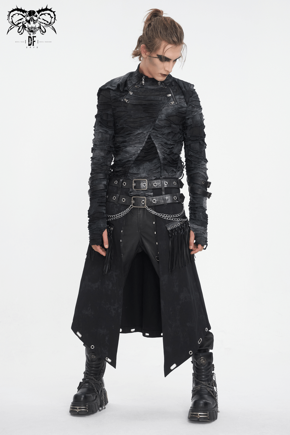 Edgy gothic ripped hoodie with adjustable buckles, layered design for men in black, perfect for alternative fashion.
