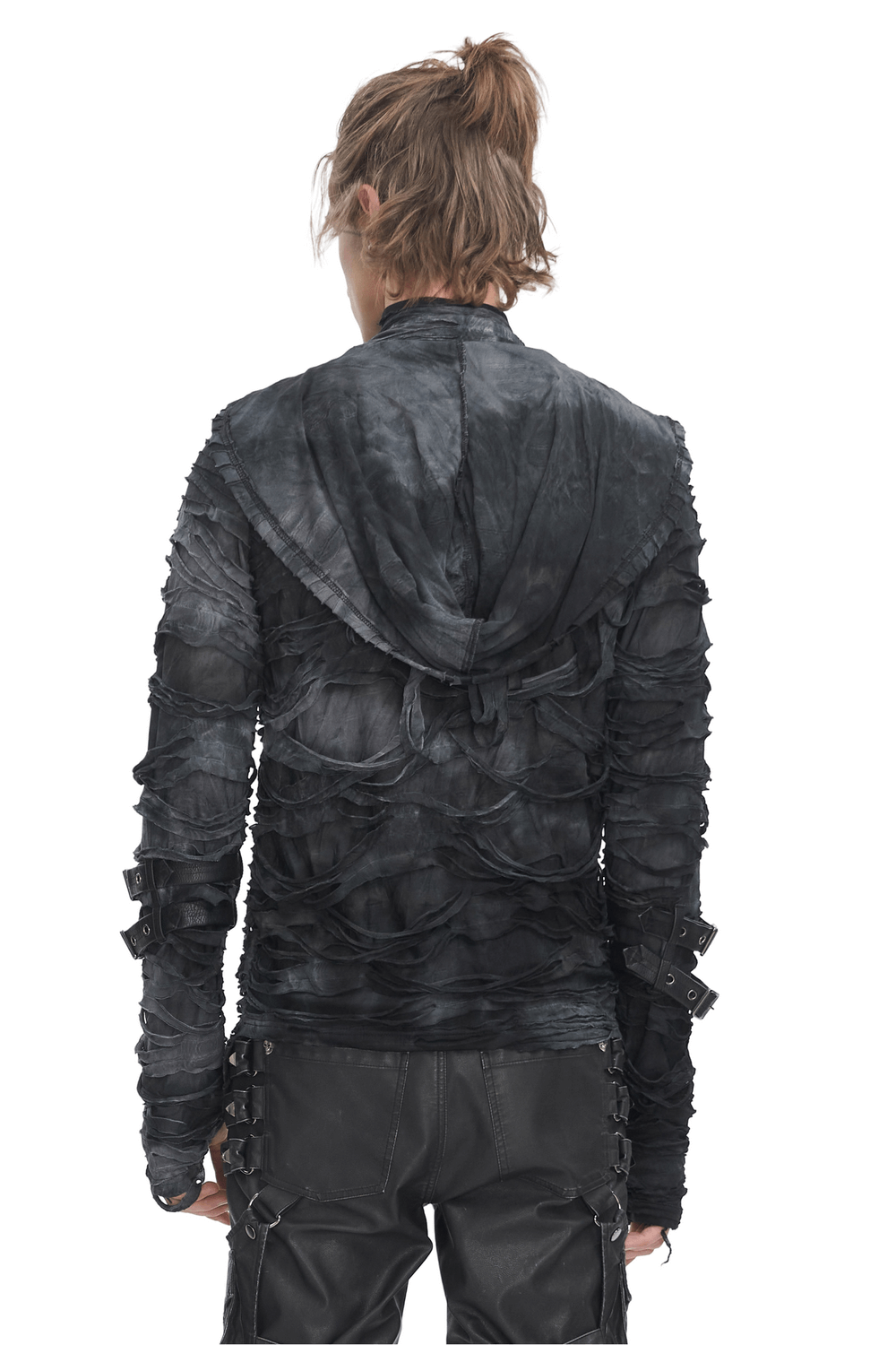 Back view of a gothic ripped hoodie with adjustable buckles and layered design for men.