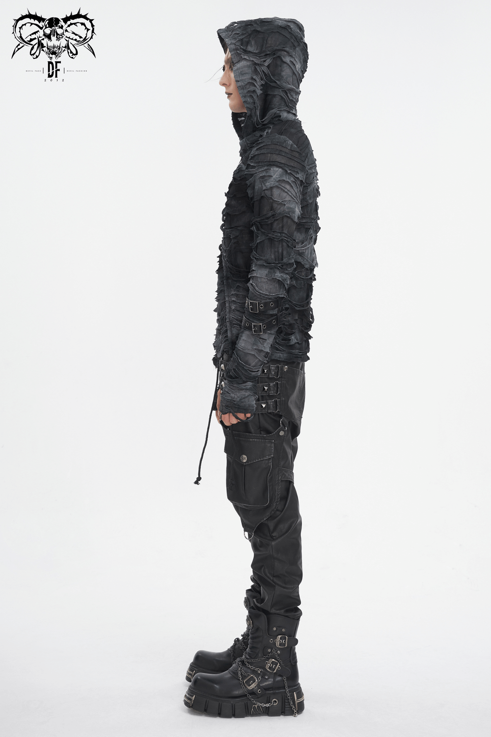 Gothic ripped hoodie with adjustable buckles and hood, showcasing edgy layered design for men.