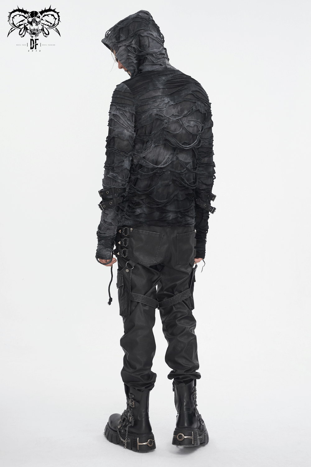 Gothic ripped hoodie with adjustable buckles and hood, showcasing edgy layered design for alternative fashion.