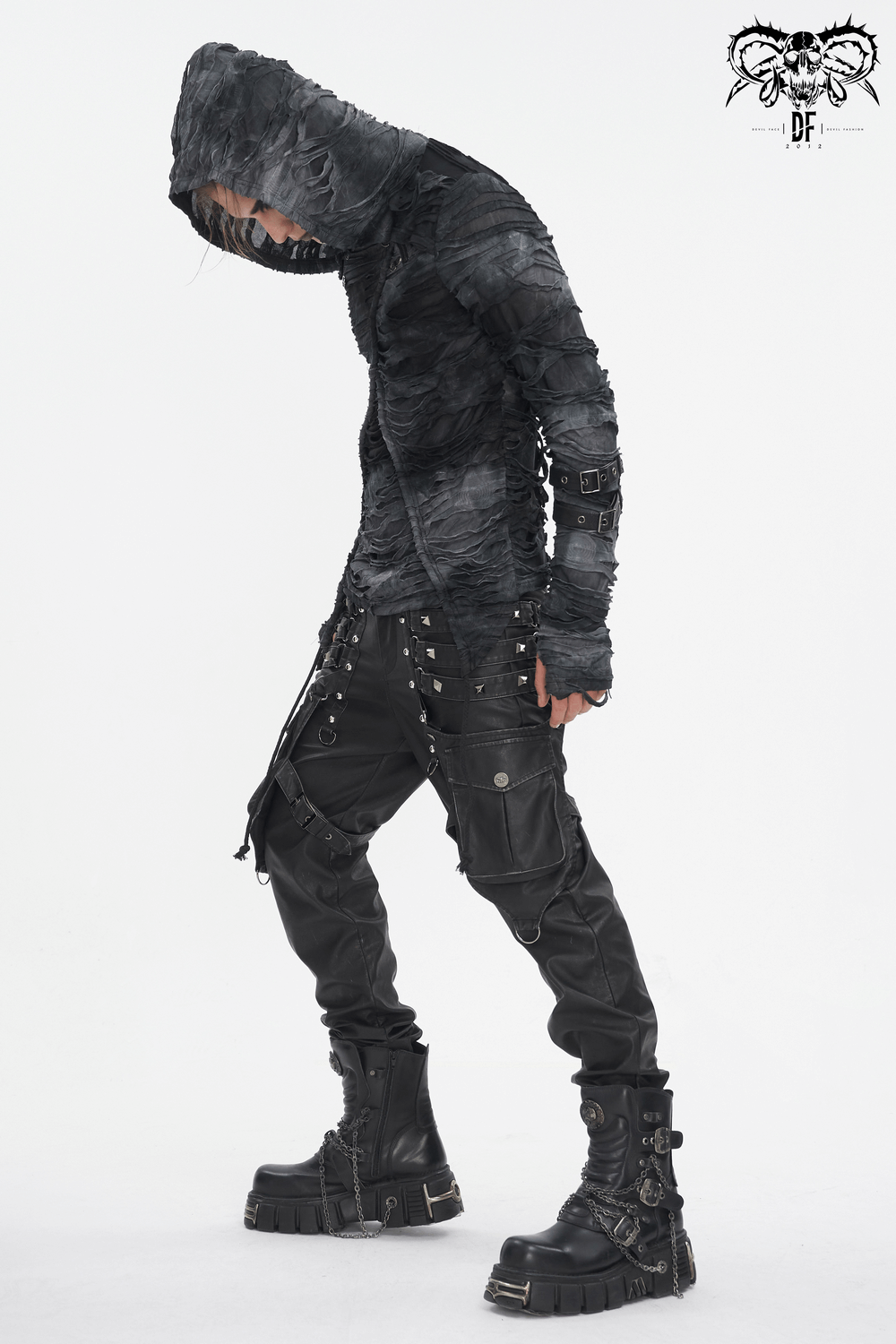 Gothic ripped hoodie with adjustable buckles worn by a model, showcasing alternative fashion style and edgy design.