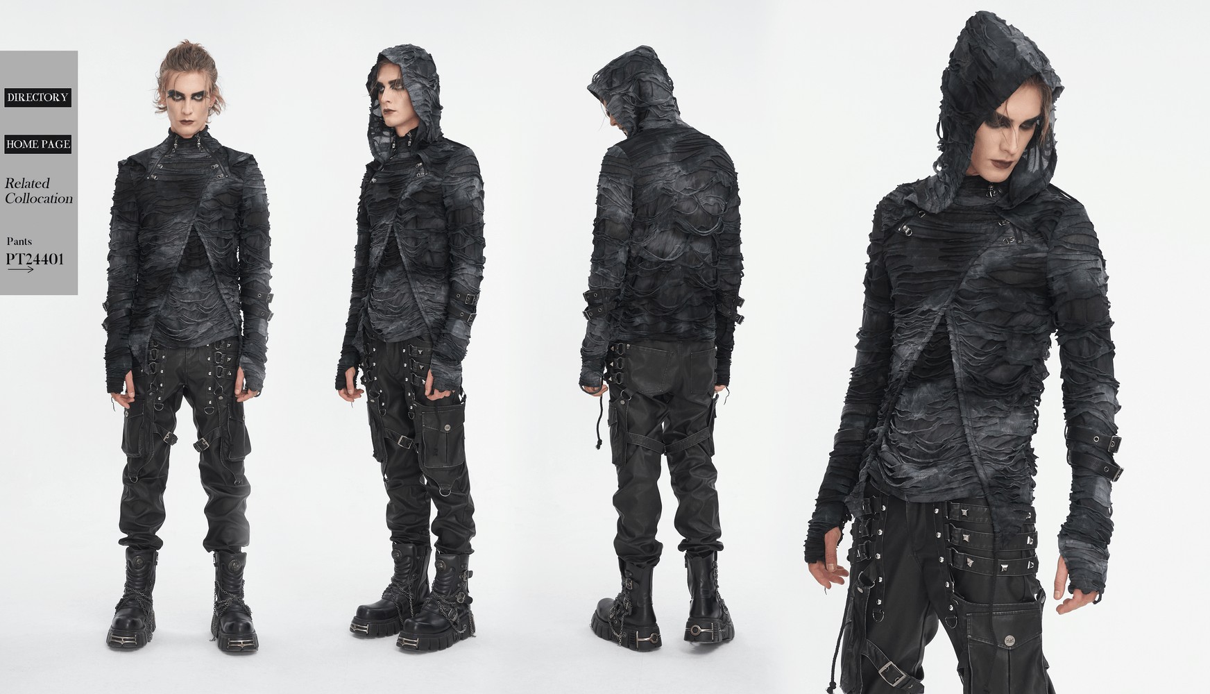 Gothic Ripped Hoodie with Adjustable Buckles and Hood