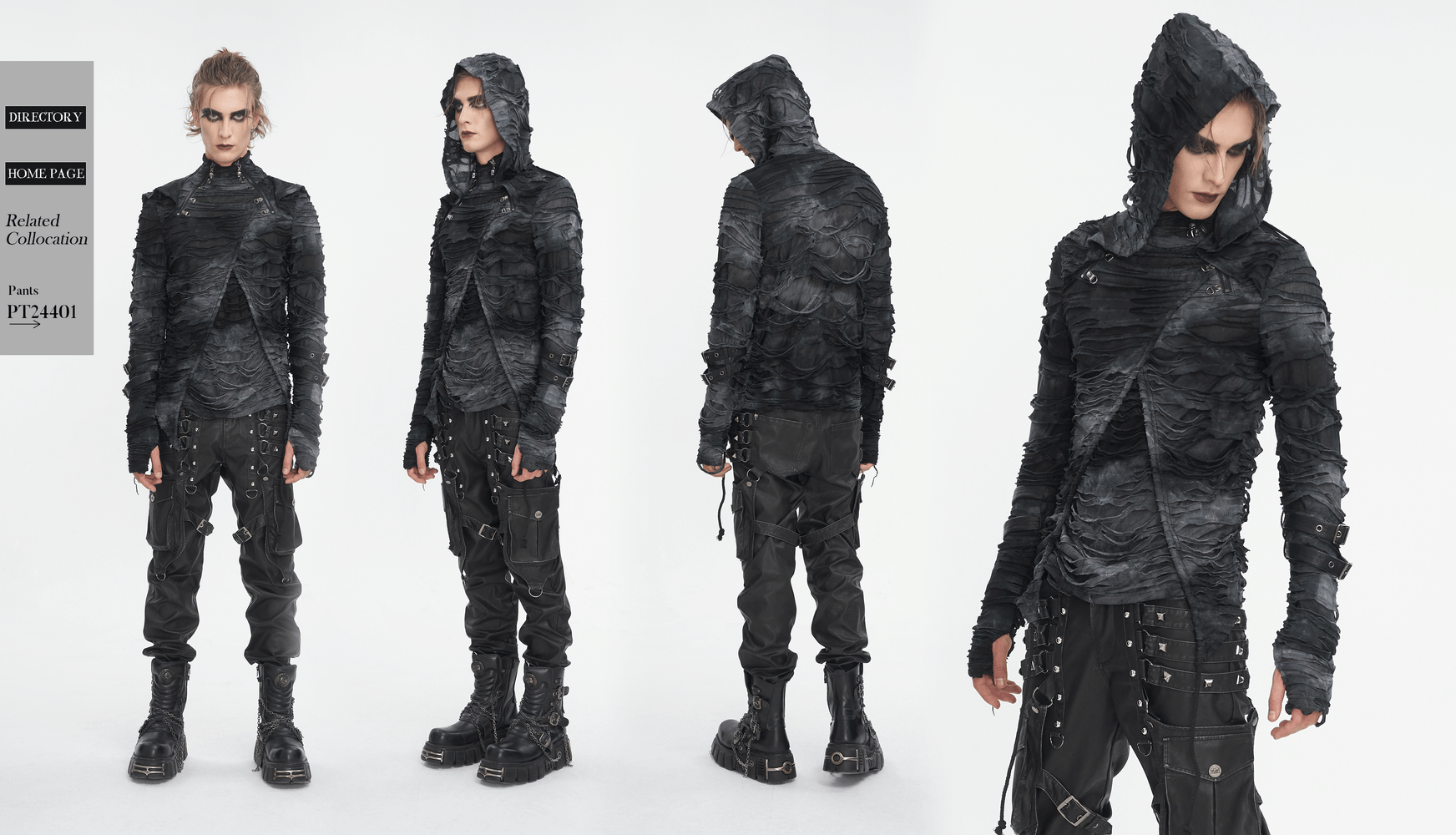 Gothic ripped hoodie with adjustable buckles, layered design, perfect for alternative fashion look.