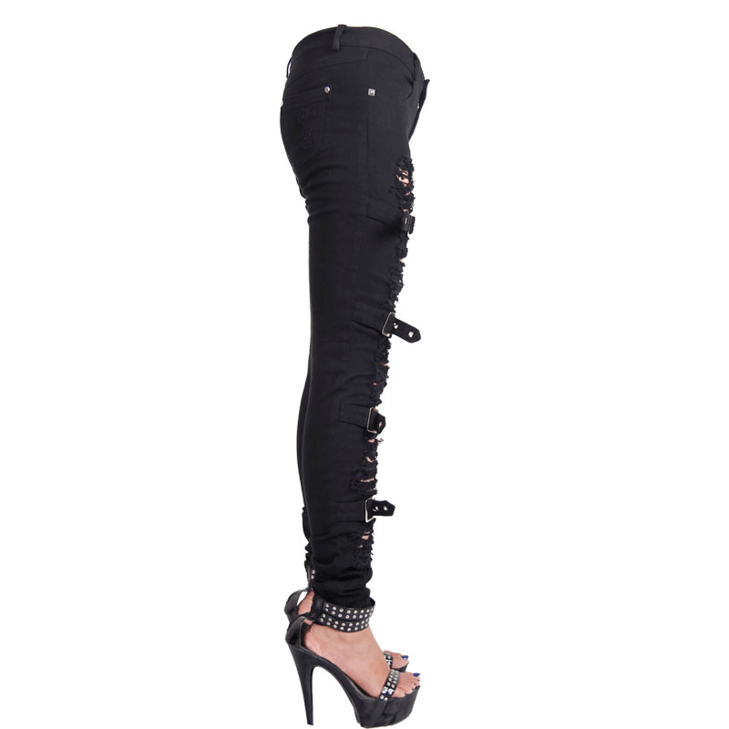 Side view of Gothic ripped black pants with buckles, showcasing steampunk style and form-fitting design.