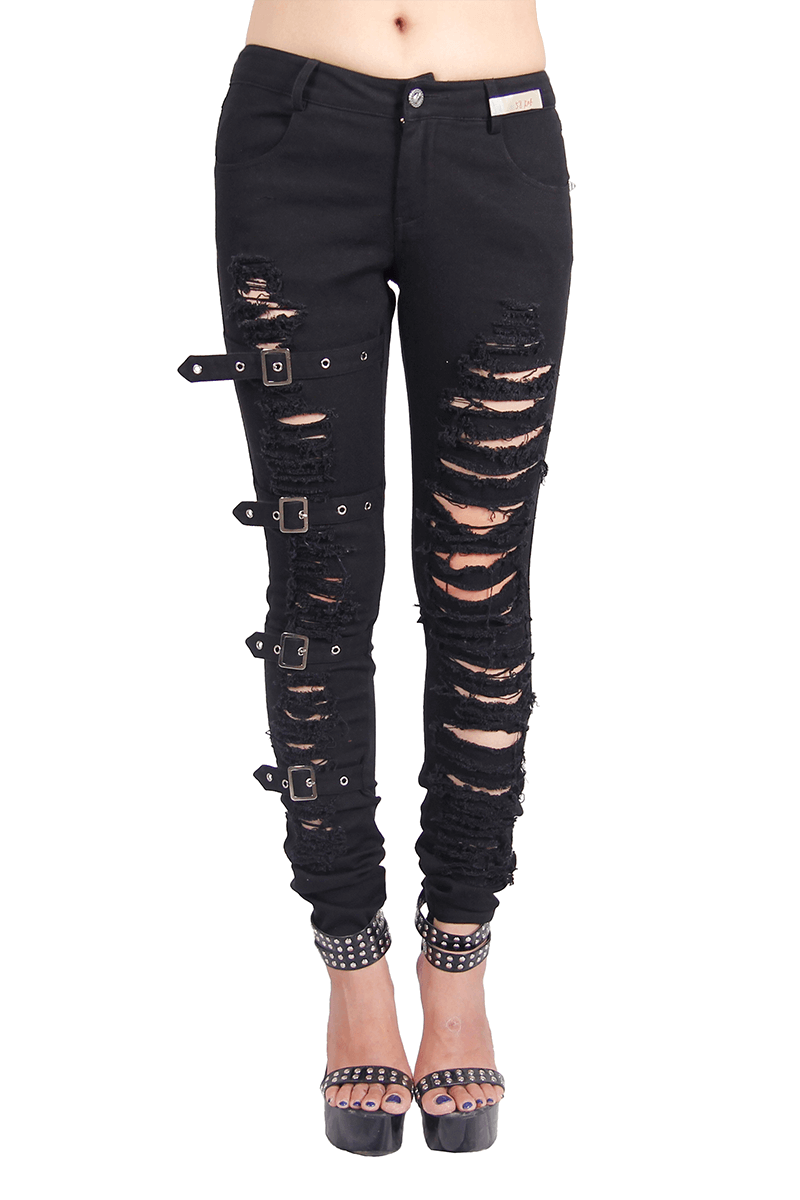 Gothic Ripped Pants with Buckles / Steampunk Women's Black Trousers / Casual Cotton Pants - HARD'N'HEAVY