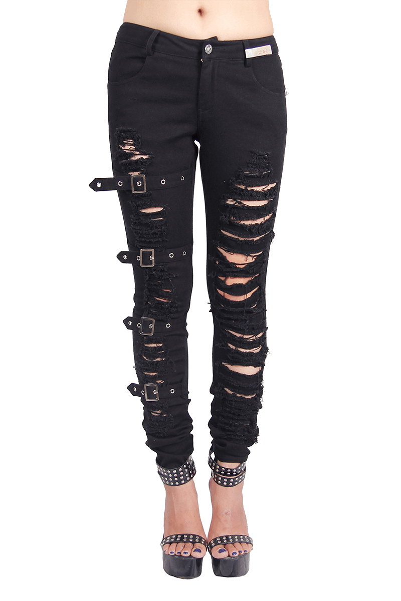 Gothic ripped black pants with buckles for women, featuring a stylish steampunk design and casual fit.