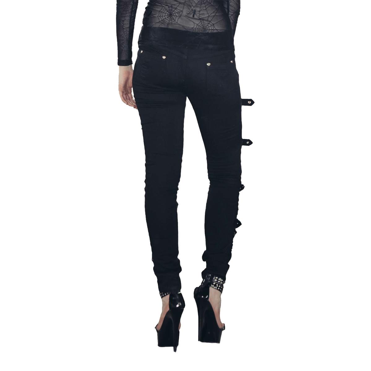 Gothic ripped black pants with buckles, form-fitting steampunk style for women, highlighted by stylish torn inserts.