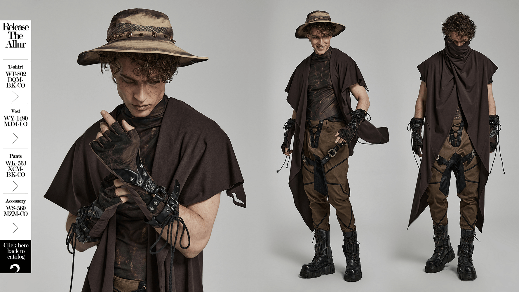 Model showcasing edgy gothic fingerless gloves with stretch knit and PU splice in a stylish punk outfit.