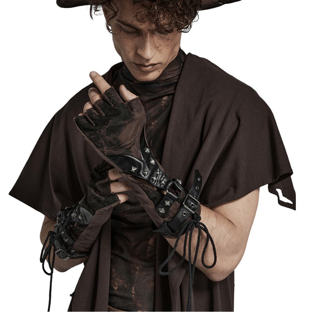 Edgy Gothic rivet fingerless gloves with stretch knit, perfect for punk style enthusiasts.