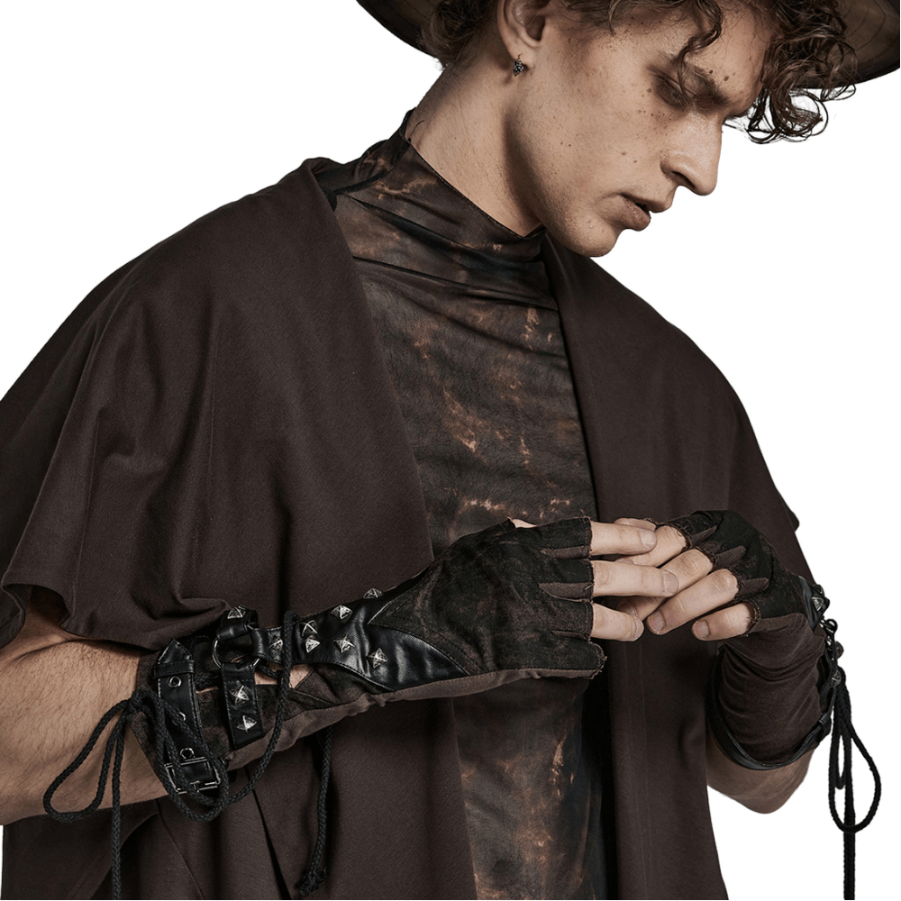 Edgy Gothic rivet fingerless gloves showcased on a male model, featuring leather loops and punk-inspired design.