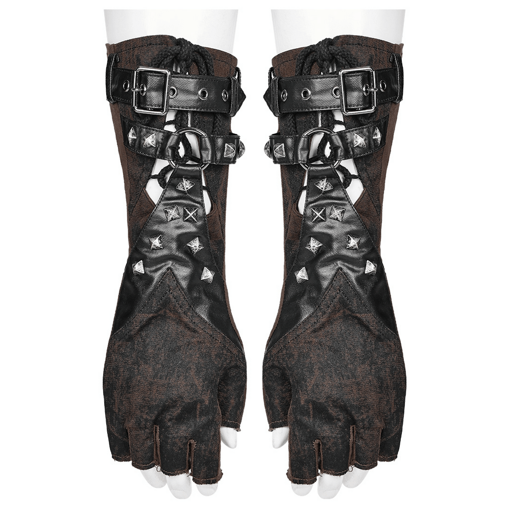 Gothic rivet fingerless gloves with edgy design, buckles, studs, and adjustable straps for the punk rebel.
