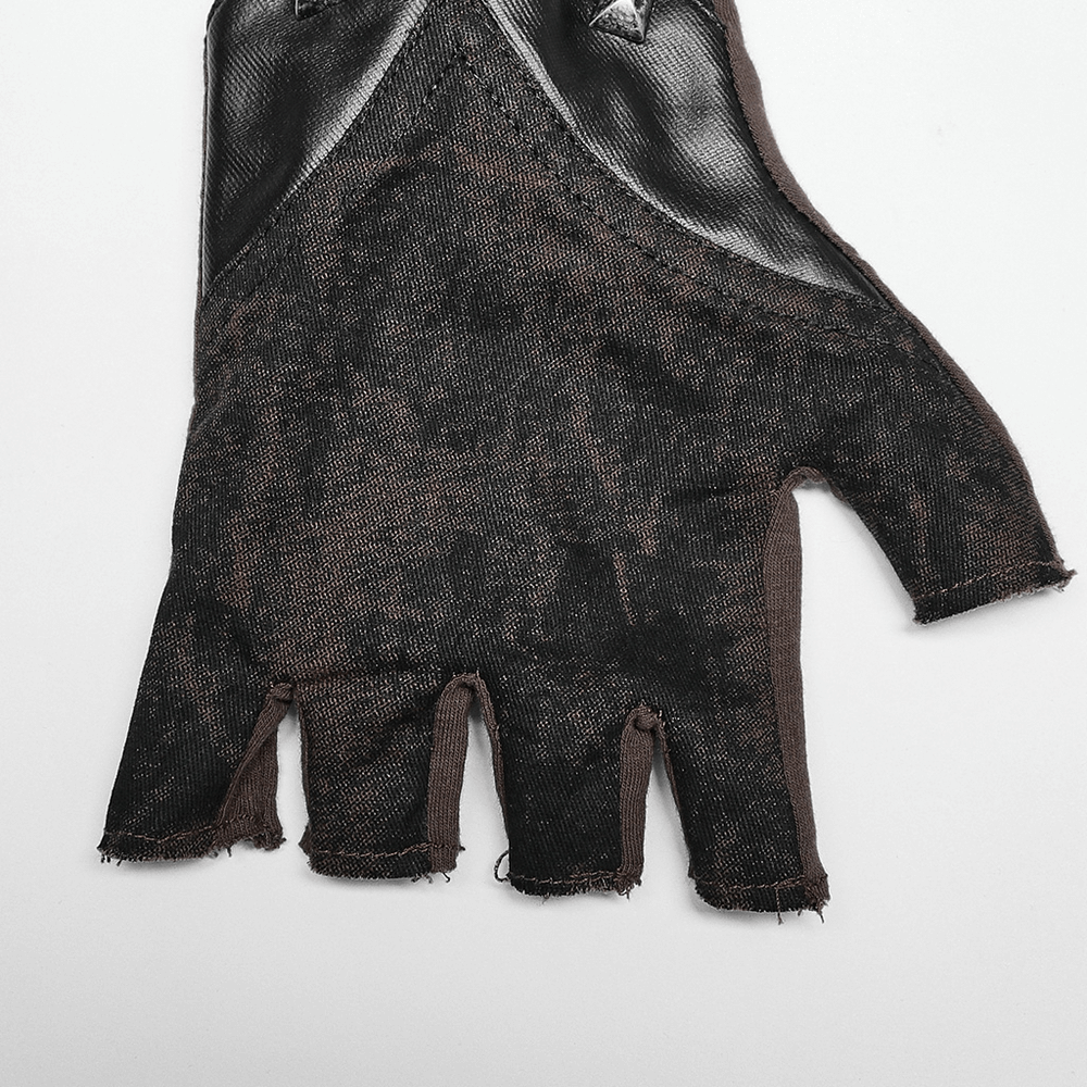 Gothic rivet fingerless gloves in dark fabric, showcasing an edgy punk design with hollow-out detail.