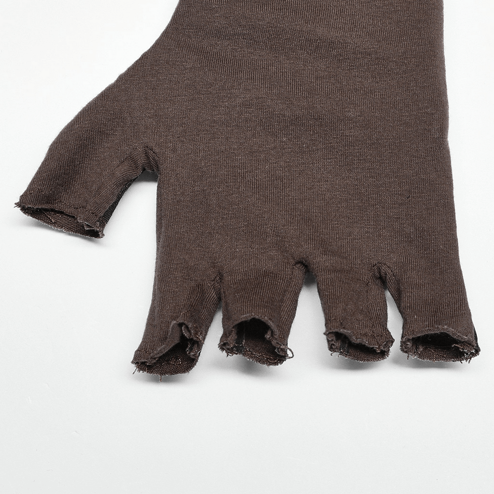 Brown gothic fingerless glove showcasing edgy design with hollow-out fingers and raw edges, perfect for punk fashion.