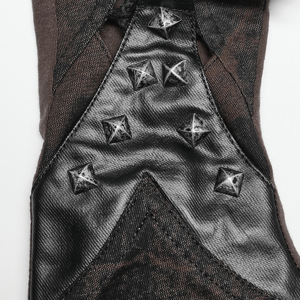 Close-up of Gothic fingerless gloves showcasing black rivets and stylish PU splicing details for an edgy look.