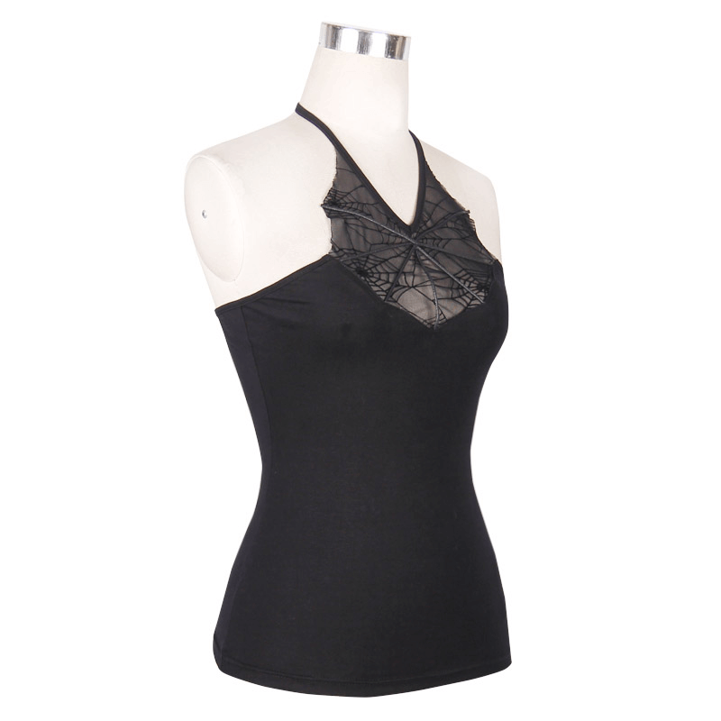 Gothic black halter tank top with spiderweb neckline, form-fitting women's stylish clothing.