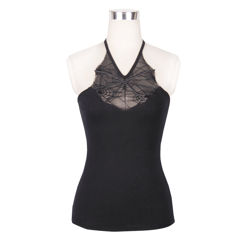 Gothic black halter tank top with spiderweb neckline, stylish women's elastic fashion statement.