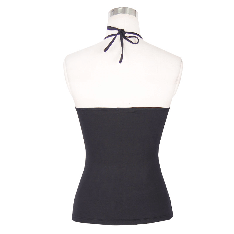 Back view of a women's black gothic halter tank top with spiderweb neckline, showcasing a form-fitting design.