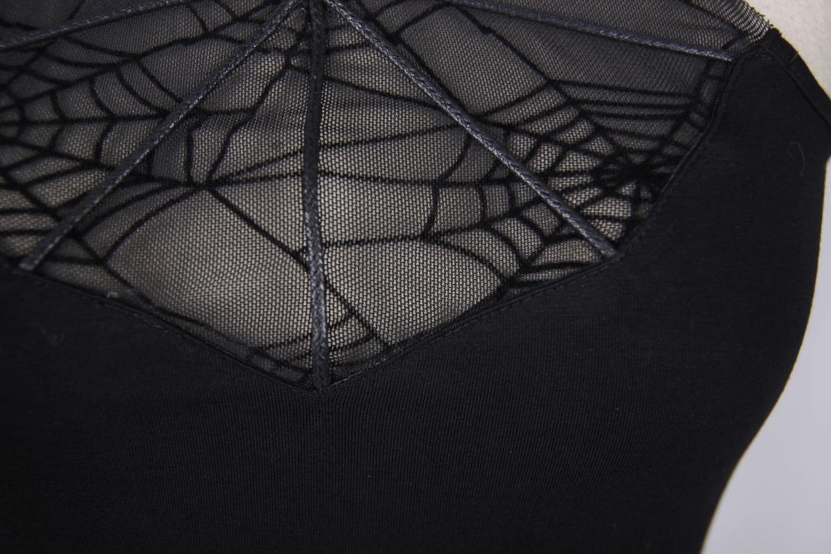 Back view of a gothic women's black tank top featuring a stylish spiderweb neckline design.