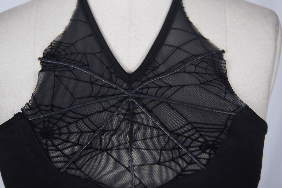 Close-up of gothic black tank top with spiderweb neckline, showcasing stylish mesh design for women.