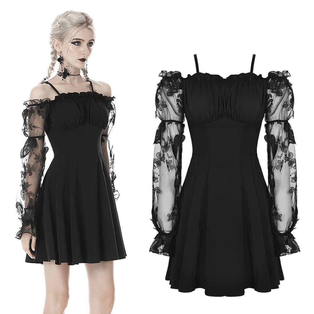 Gothic romance off-the-shoulder dress with lace sleeves and flowing skirt, perfect for a darkly elegant look.