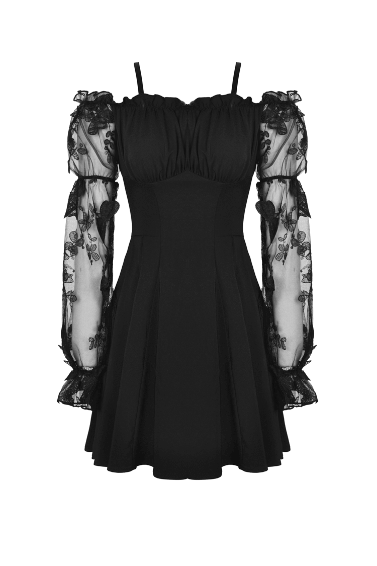 Gothic romance off-the-shoulder dress with lace sleeves, perfect for dark elegance and twirling beneath the moonlight.