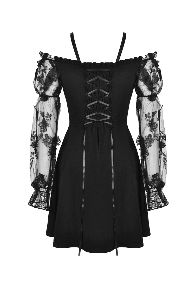 Gothic romance black off-the-shoulder dress with lace sleeves and figure-flattering silhouette.