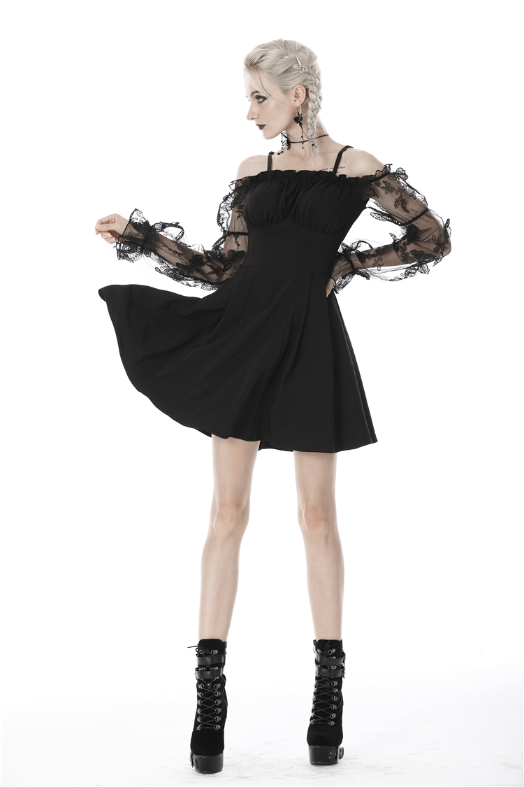 Gothic off-the-shoulder dress with lace sleeves, twirling in black fabric for a romantic look.