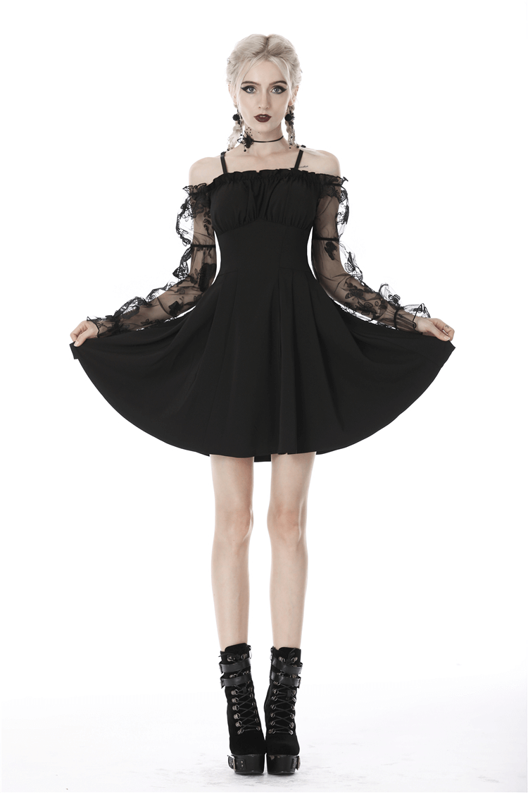 Gothic off-the-shoulder dress with lace sleeves, perfect for a romantic evening under the moonlight.