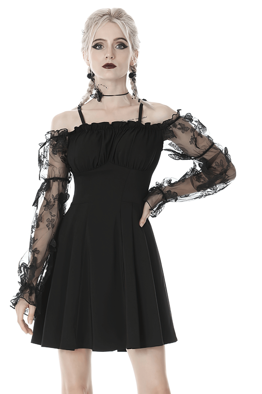 Gothic off-the-shoulder black dress with lace sleeves, perfect for an elegant evening look.